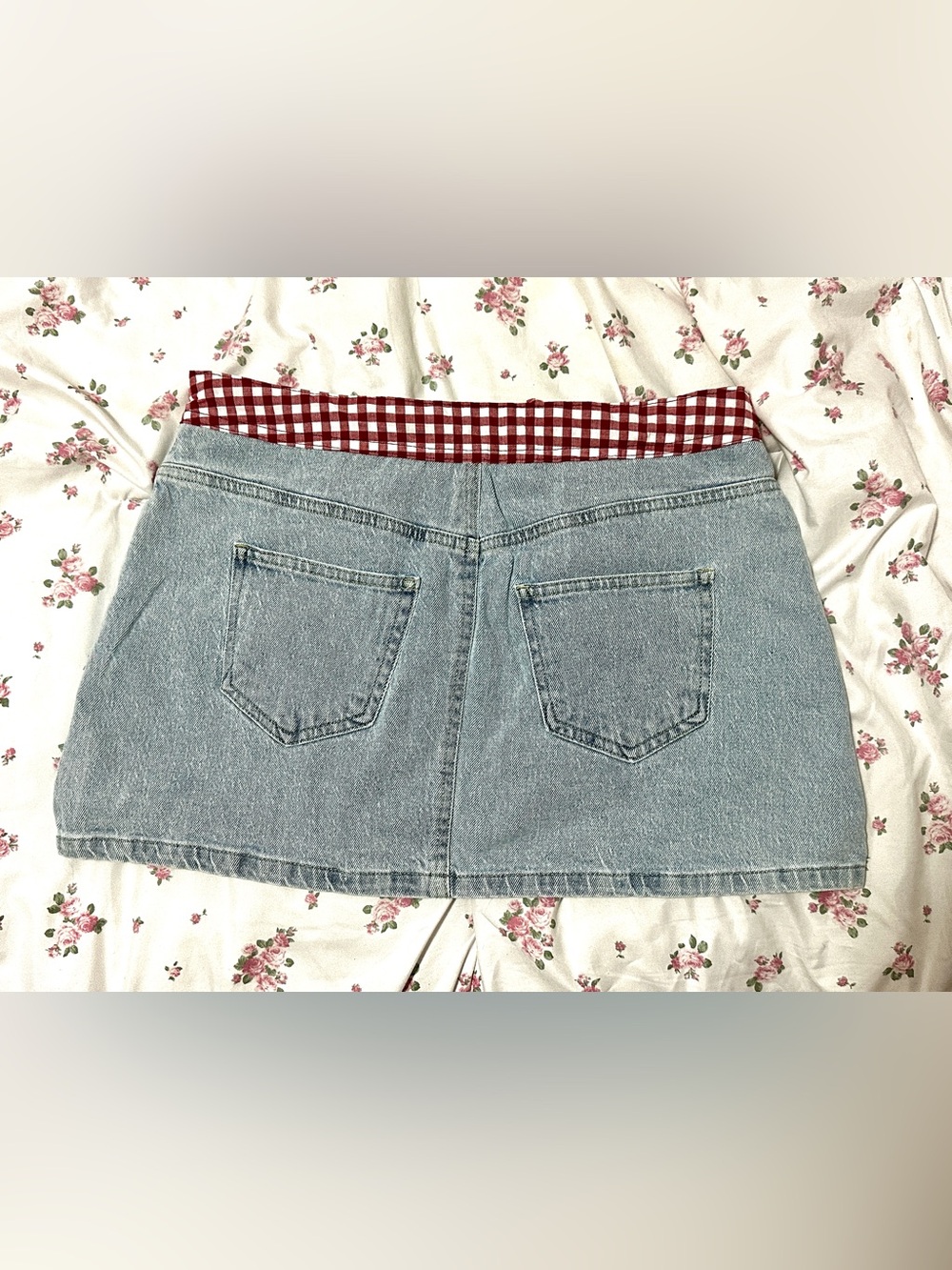 No Boundaries Light Blue Denim Mini Skirt with Red Gingham Waist Tie - Picture 2 of 8